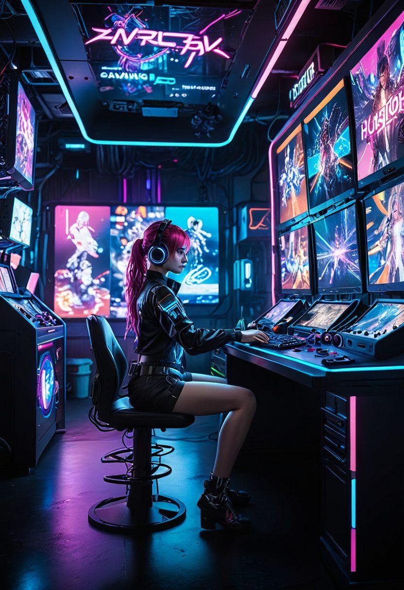 A captivating blend of a colorful, artistic representation of gaming characters inspired by Hentai, showcasing expressive animations and playful scenarios. The background features a futuristic gaming environment with digital screens and iconic gaming elements intertwining with adult themes. Emphasize the contrast between innocence and adult content in a whimsical way. super-realistic. vibrant colors. cyberpunk.