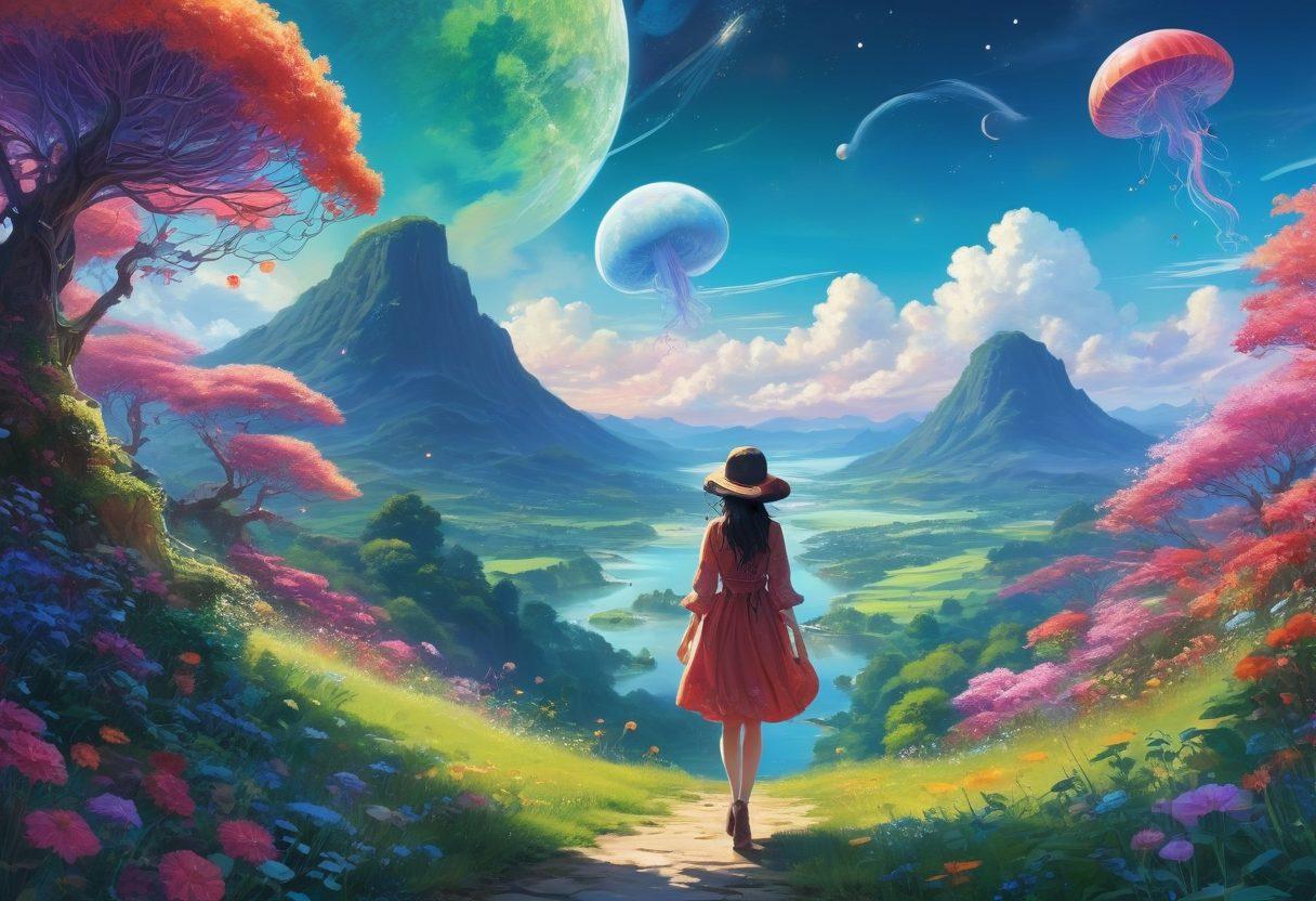 A mesmerizing blend of anime characters and fantasy elements, showcasing a vibrant dreamscape filled with colorful landscapes and whimsical creatures. Integrate elements of sensuality and artistic expression, with characters engaged in playful interactions. The scene should evoke a sense of adventure and allure, with rich details emphasizing both the art and fantasy aspects. surrealism. vibrant colors. dynamic composition.