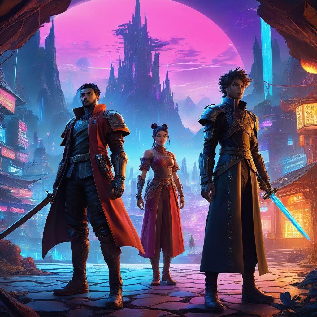 A dynamic scene combining elements of adult anime and video game aesthetics, featuring a vibrant fantasy landscape with characters engaged in adventurous quests, intricate costumes, and playful expressions. Include futuristic technology elements alongside traditional fantasy motifs like swords and magic spells. The background should be a blend of virtual and anime-inspired styles, drawing in elements from both worlds. Psychedelic colors and dramatic lighting enhance the visual impact. cyberpunk. vibrant colors. super-realistic.